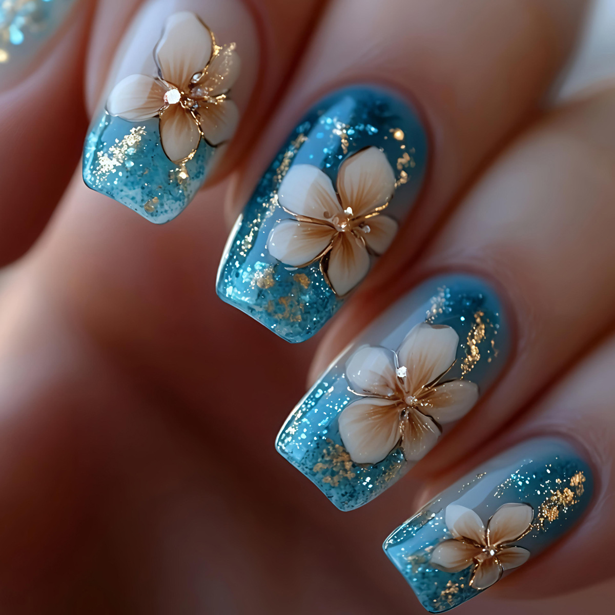 Pressed Flower Art - 24 uds/sest uñas postizas medianas cortas
